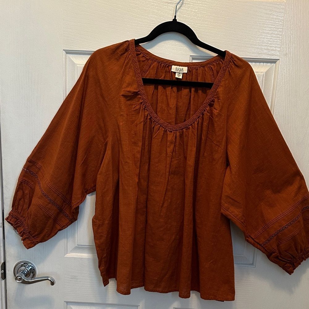 a.n.a 100% Cotton Rust Brown Peasant Blouse Oversized Boxy Women's Top Size 1X